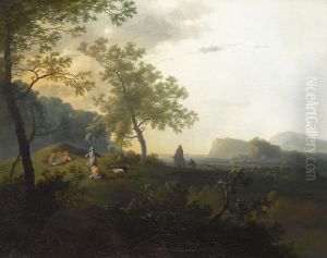 Italianate mountainous landscape with hunters resting by Adam Pynacker