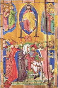 Christus in der Mandorla uberreicht Papst und Kaiser die Schwerter der geistlichen und weltlichen Macht