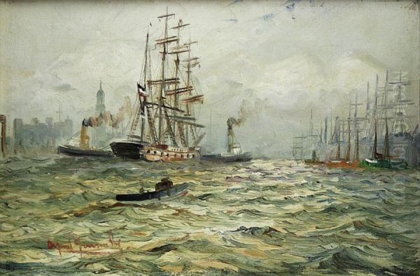 Ansicht vom Hamburger Hafen mit Dreimaster und Schlepper - view 1