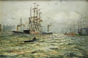 Ansicht vom Hamburger Hafen mit Dreimaster und Schlepper by Alfred Jensen