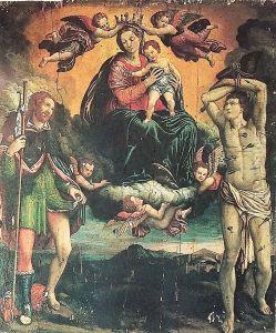 Madonna incoronata col Bambino e i santi Rocco e Sebastiano by Ercole Ramazzani