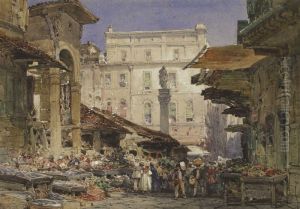 Il Mercato Vecchio, Florence (on frame, verso) by William Callow