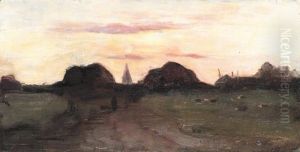 Field with church tower and haystack