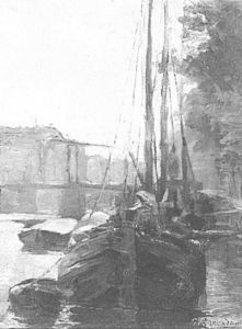 Waalseilandsgracht with bridge and moored tjalk barges