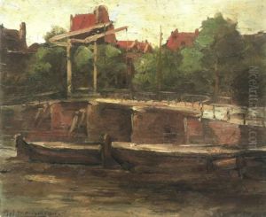 Waalseilandgracht with bridge and flat barges