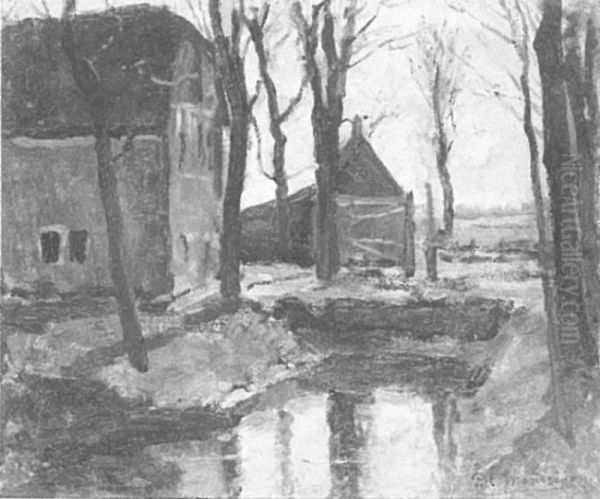 Farm buildings with trees and water ditch - view 1