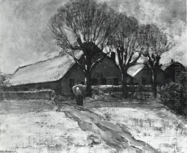 Winter landscape with three farm buildings - view 1