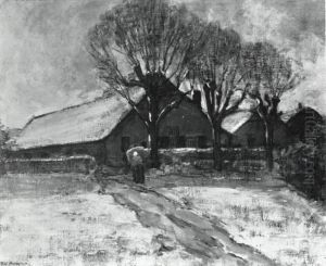 Winter landscape with three farm buildings