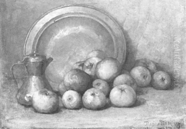 Apples, coffee pot and large copper pan - view 1