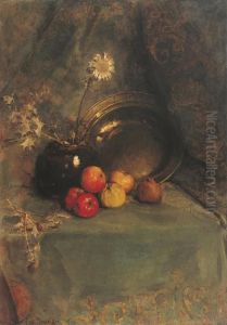 apples, pot with flowers and metal pan by Piet Mondrian