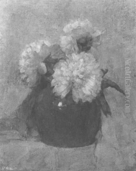 Three chrysanthemum blossoms in a round pot - view 1