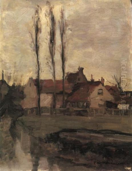 Three Italian poplars and buildings - view 1