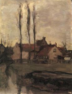 Three Italian poplars and buildings