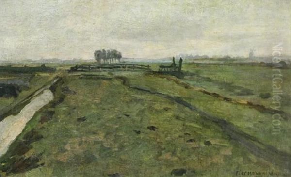 Polder landscape with irrigation ditch and fence - view 1