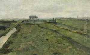 Polder landscape with irrigation ditch and fence by Piet Mondrian