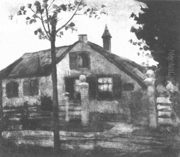 Gabled farmhouse facade with large gateposts - view 1