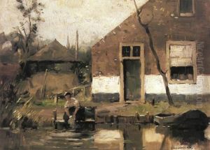 Truncated view of a gabled house facade on a canal by Piet Mondrian
