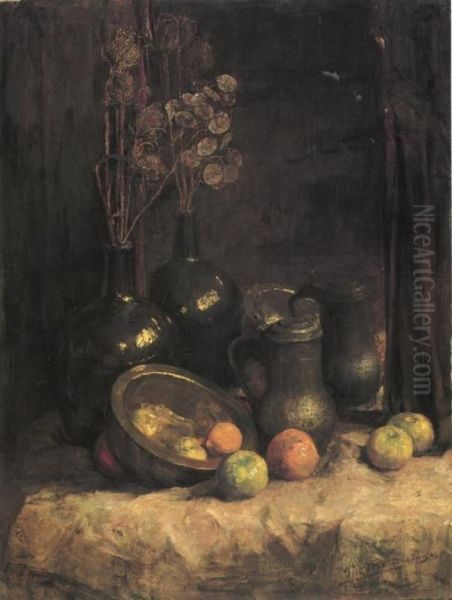 Still life with mirror, containers, honesty and fruit - view 1