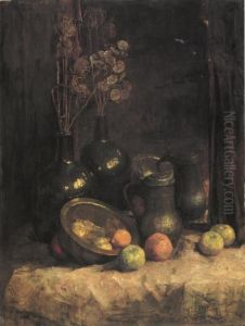 Still life with mirror, containers, honesty and fruit