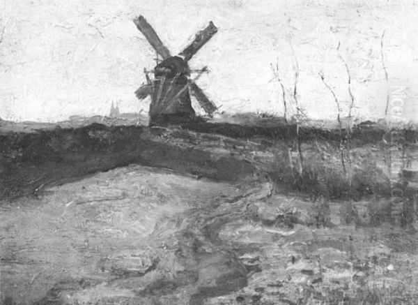 Windmill with church towers in the distance - view 1