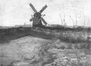 Windmill with church towers in the distance by Piet Mondrian