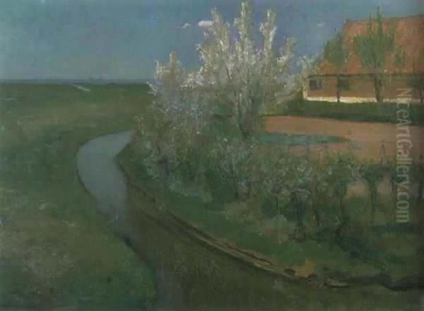 Curved irrigation ditch bordering farmyard with flowering trees - view 1