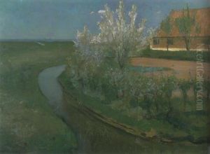 Curved irrigation ditch bordering farmyard with flowering trees by Piet Mondrian