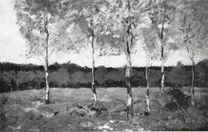 Six young birch trees in a field by Piet Mondrian