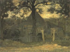 Gabled farmhouse facade with tree, fence and gateposts in front by Piet Mondrian