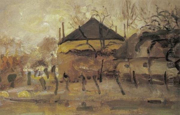 Barn and haystack behind row of willows - view 1