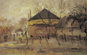 Barn and haystack behind row of willows
