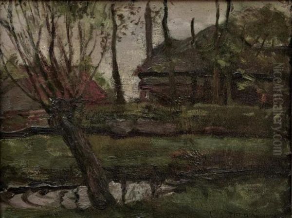 Farmyard sketch with pollarded willow at left - view 1
