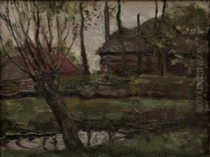 Farmyard sketch with pollarded willow at left by Piet Mondrian