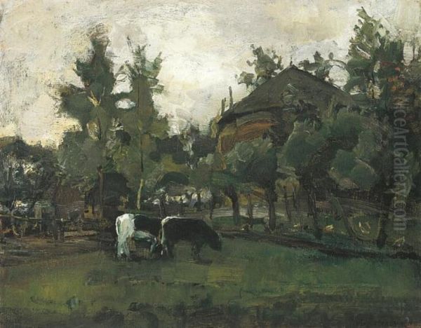 Farmyard sketch with two cows grazing - view 1