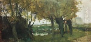 Willows bordering a watercourse, buildings left and right by Piet Mondrian