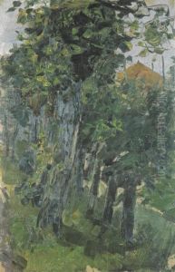Willows bordering an irrigation ditch near a haystack by Piet Mondrian