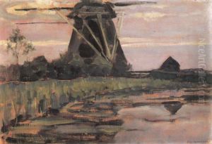 Oostzijdse mill viewed from downstream with streaked pinkish-blue sky by Piet Mondrian