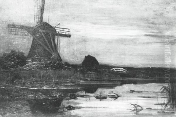 Oostzijdse mill from downstream with evenly streaked sky - view 1
