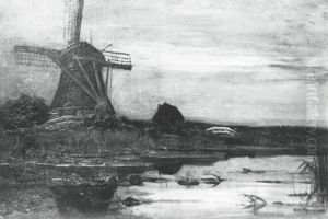 Oostzijdse mill from downstream with evenly streaked sky by Piet Mondrian