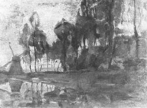 Windmill near tall trees, other trees at right by Piet Mondrian