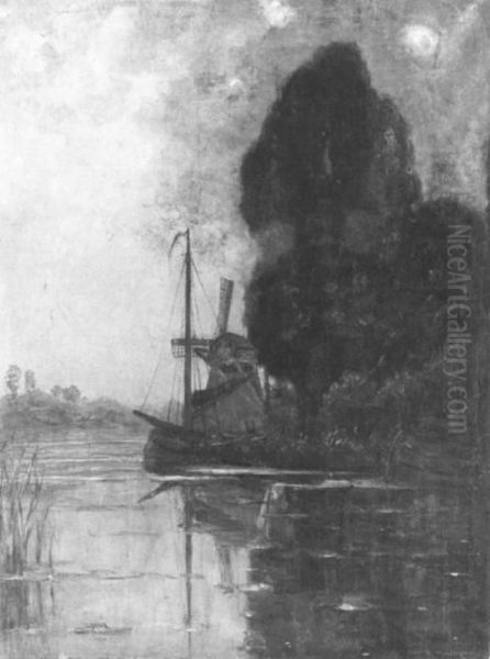 Windmill with tall trees and moored barges - view 1