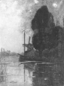 Windmill with tall trees and moored barges by Piet Mondrian