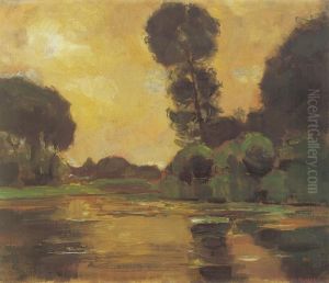 Isolated tree on the Gein with yellow-orange sky by Piet Mondrian