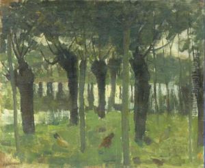 Willow grove near the water with chickens