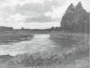 Meandering river, windmill in the distance by Piet Mondrian