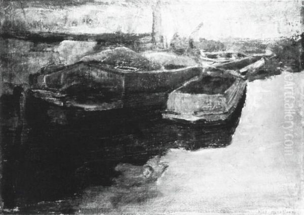 Moored tjalk and other barges - view 1