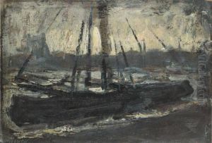 Moored tjalk in purple by Piet Mondrian