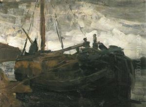 Moored tjalk by Piet Mondrian