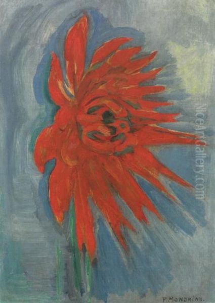 Red chryanthemum on blue background - view 1