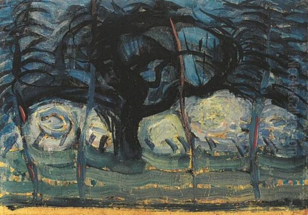 Apple tree in blue with wavy lines I - view 1